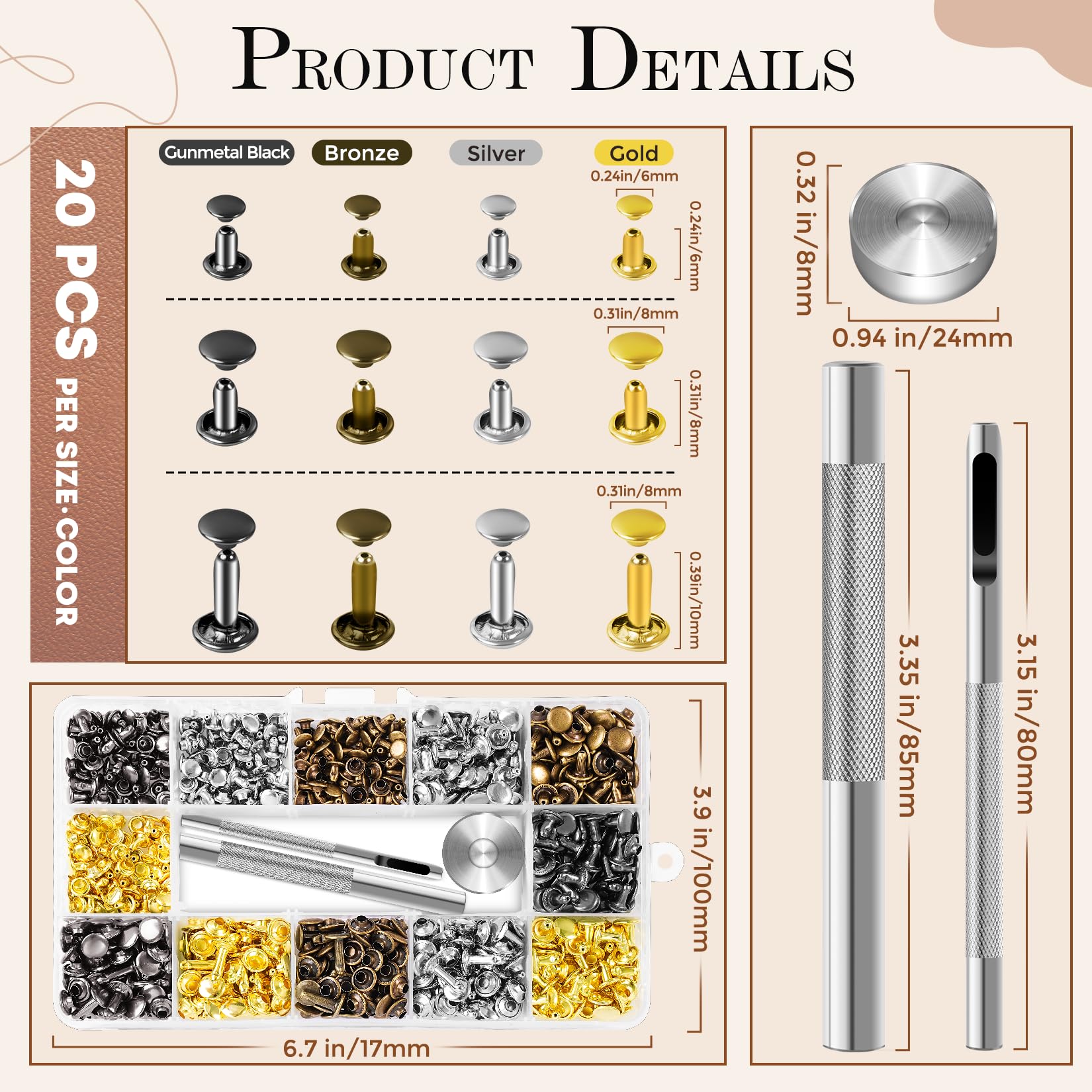 Amazon.com: 240 Sets Leather Rivets Kit, Double Cap Brass Rivets
